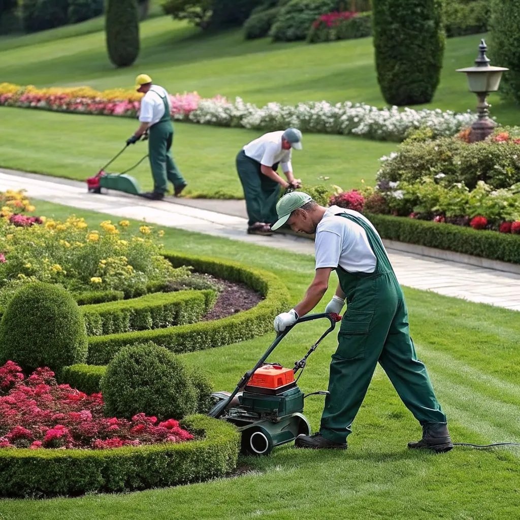 Professional landscape maintenance team caring for garden